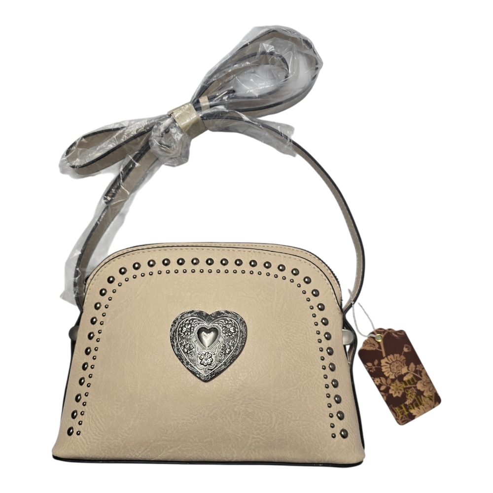 Womens Beige Heart‎ & Rivet Accent Crossbody Bag